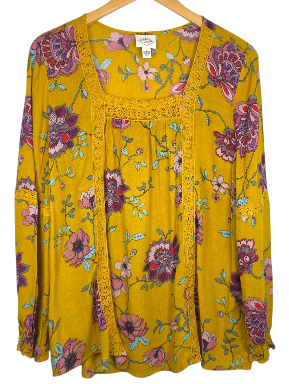 St Johns Bay Floral Peasant Top Sz L Square Neck Boho Lace Details Western EUC